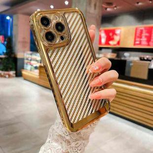 For iPhone 14 Plus Electroplated Carbon Fiber Texture Phone Case(Gold)