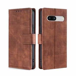 For Google Pixel 7a Skin Feel Crocodile Magnetic Clasp Leather Phone Case(Brown)