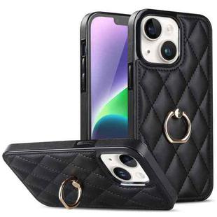 For iPhone 14 Rhombic PU Leather Phone Case with Ring Holder(Black)