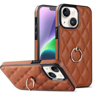 For iPhone 14 Rhombic PU Leather Phone Case with Ring Holder(Brown)