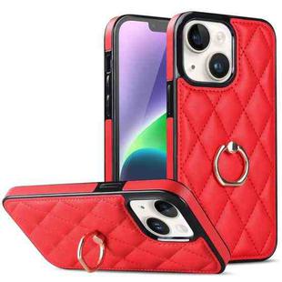 For iPhone 14 Plus Rhombic PU Leather Phone Case with Ring Holder(Red)