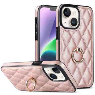For iPhone 14 Plus Rhombic PU Leather Phone Case with Ring Holder(Rose Gold)