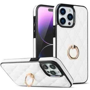 For iPhone 14 Pro Max Rhombic PU Leather Phone Case with Ring Holder(White)