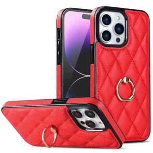 For iPhone 14 Pro Max Rhombic PU Leather Phone Case with Ring Holder(Red)