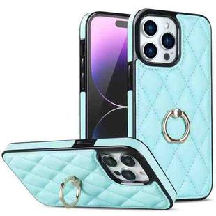 For iPhone 14 Pro Max Rhombic PU Leather Phone Case with Ring Holder(Blue)