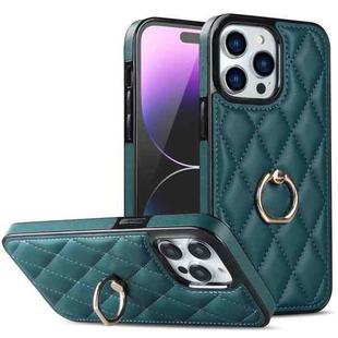 For iPhone 14 Pro Max Rhombic PU Leather Phone Case with Ring Holder(Green)