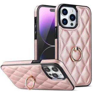 For iPhone 14 Pro Max Rhombic PU Leather Phone Case with Ring Holder(Rose Gold)