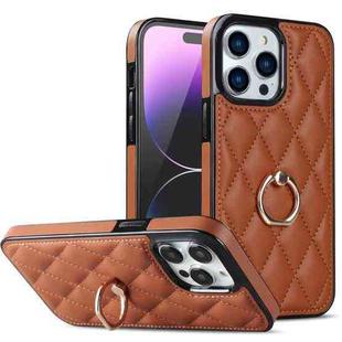 For iPhone 14 Pro Max Rhombic PU Leather Phone Case with Ring Holder(Brown)