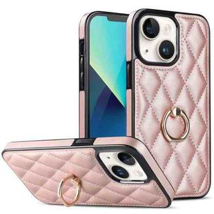 For iPhone 13 Rhombic PU Leather Phone Case with Ring Holder(Rose Gold)
