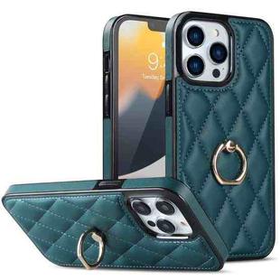 For iPhone 12 / 12 Pro Rhombic PU Leather Phone Case with Ring Holder(Green)