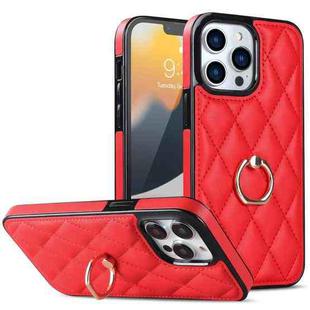For iPhone 12 Pro Max Rhombic PU Leather Phone Case with Ring Holder(Red)