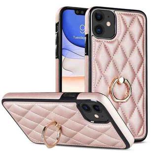 For iPhone 11 Rhombic PU Leather Phone Case with Ring Holder(Rose Gold)