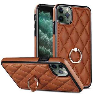 For iPhone 11 Pro Rhombic PU Leather Phone Case with Ring Holder(Brown)