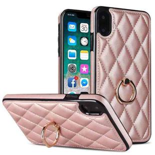For iPhone X / XS Rhombic PU Leather Phone Case with Ring Holder(Rose Gold)