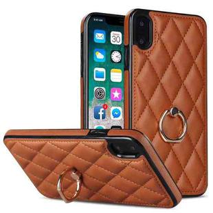 For iPhone X / XS Rhombic PU Leather Phone Case with Ring Holder(Brown)