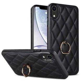 For iPhone XR Rhombic PU Leather Phone Case with Ring Holder(Black)