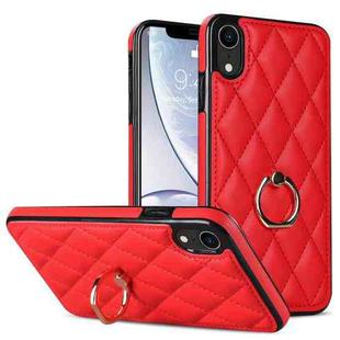 For iPhone XR Rhombic PU Leather Phone Case with Ring Holder(Red)