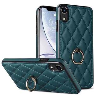 For iPhone XR Rhombic PU Leather Phone Case with Ring Holder(Green)