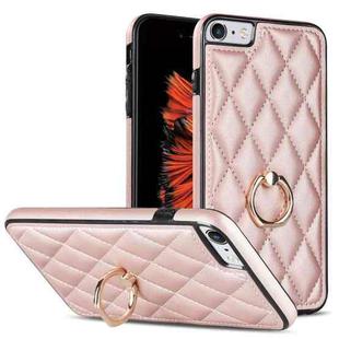 For iPhone SE 2020 / SE 2022 / 7 / 8 Rhombic PU Leather Phone Case with Ring Holder(Rose Gold)