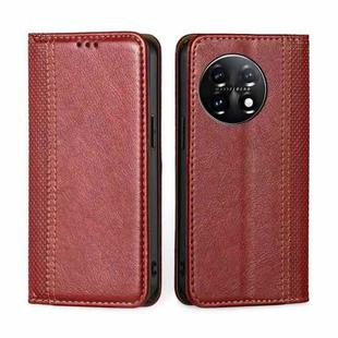 For OnePlus 11 Grid Texture Magnetic Flip Leather Phone Case(Red)