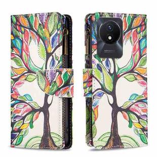 For vivo Y02 4G Colored Drawing Pattern Zipper Leather Phone Case(Big Tree)