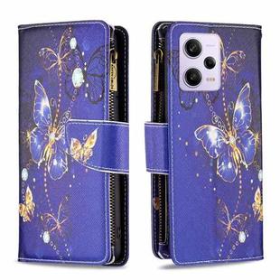For Xiaomi Redmi Note 12 Pro+ Global Colored Drawing Pattern Zipper Leather Phone Case(Purple Butterfly)