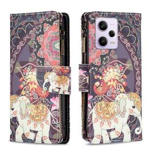 For Xiaomi Redmi Note 12 Pro Global Colored Drawing Pattern Zipper Leather Phone Case(Flower Elephants)