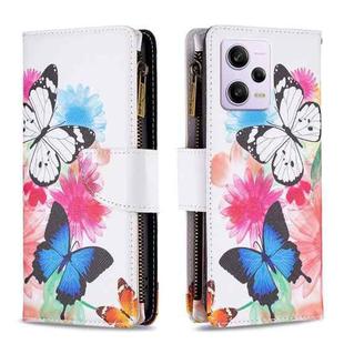 For Xiaomi Redmi Note 12 Pro Global Colored Drawing Pattern Zipper Leather Phone Case(Two Butterflies)
