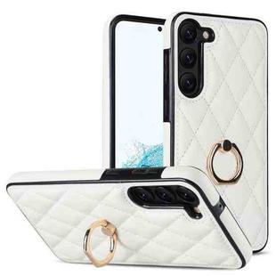For Samsung Galaxy S23 5G Rhombic PU Leather Phone Case with Ring Holder(White)