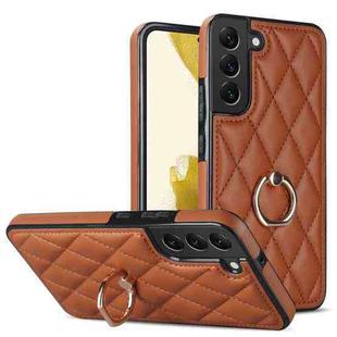 For Samsung Galaxy S22 5G Rhombic PU Leather Phone Case with Ring Holder(Brown)