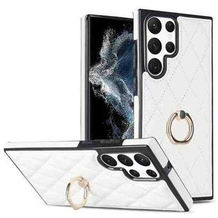 For Samsung Galaxy S22 Ultra 5G Rhombic PU Leather Phone Case with Ring Holder(White)