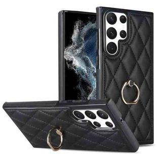 For Samsung Galaxy S22 Ultra 5G Rhombic PU Leather Phone Case with Ring Holder(Black)