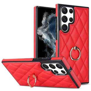 For Samsung Galaxy S22 Ultra 5G Rhombic PU Leather Phone Case with Ring Holder(Red)