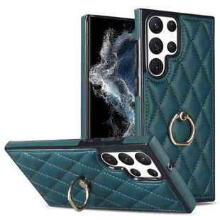 For Samsung Galaxy S22 Ultra 5G Rhombic PU Leather Phone Case with Ring Holder(Green)