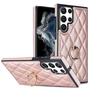 For Samsung Galaxy S22 Ultra 5G Rhombic PU Leather Phone Case with Ring Holder(Rose Gold)