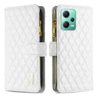 For Xiaomi Redmi Note 12 Global Diamond Lattice Zipper Wallet Leather Flip Phone Case(White)