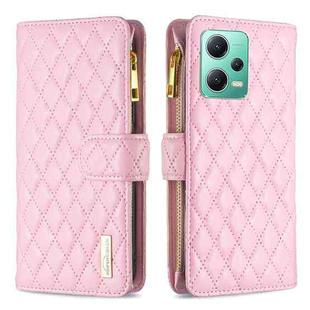 For Xiaomi Redmi Note 12 Global Diamond Lattice Zipper Wallet Leather Flip Phone Case(Pink)