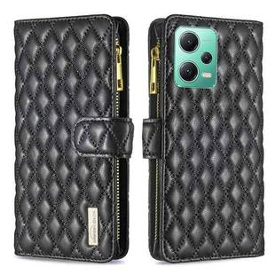 For Xiaomi Redmi Note 12 Global Diamond Lattice Zipper Wallet Leather Flip Phone Case(Black)