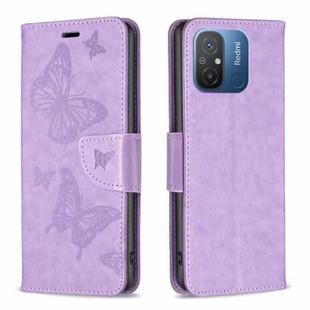 For Xiaomi Redmi 12C Embossing Two Butterflies Pattern Leather Phone Case(Purple)