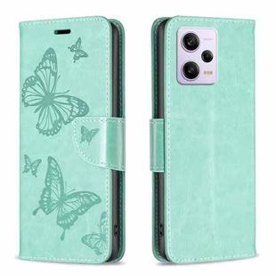 For Xiaomi Redmi Note 12 Pro+ Global Embossing Two Butterflies Pattern Leather Phone Case(Green)