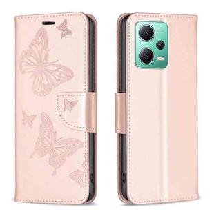 For Xiaomi Redmi Note 12 Global Embossing Two Butterflies Pattern Leather Phone Case(Rose Gold)