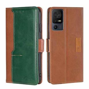 For TCL 40 SE Contrast Color Side Buckle Leather Phone Case(Light Brown + Green)