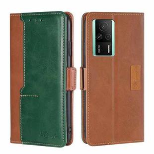 For Xiaomi Redmi K60E Contrast Color Side Buckle Leather Phone Case(Light Brown + Green)
