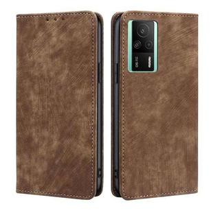 For Xiaomi Redmi K60E RFID Anti-theft Brush Magnetic Leather Phone Case(Brown)