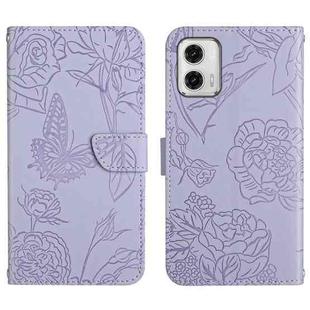 For Motorola Moto G73 5G HT03 Skin Feel Butterfly Embossed Flip Leather Phone Case(Purple)