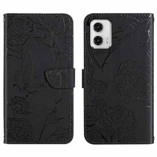 For Motorola Moto G73 5G HT03 Skin Feel Butterfly Embossed Flip Leather Phone Case(Black)