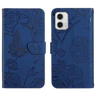 For Motorola Moto G73 5G HT03 Skin Feel Butterfly Embossed Flip Leather Phone Case(Blue)