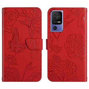 For TCL 40 SE HT03 Skin Feel Butterfly Embossed Flip Leather Phone Case(Red)