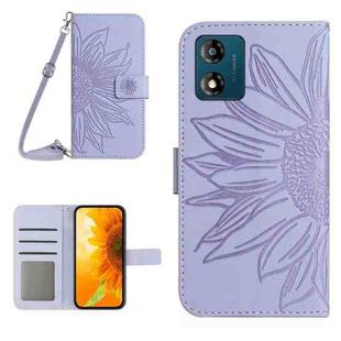 For Motorola Moto E13 4G HT04 Skin Feel Sun Flower Embossed Flip Leather Phone Case with Lanyard(Purple)