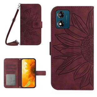 For Motorola Moto E13 4G HT04 Skin Feel Sun Flower Embossed Flip Leather Phone Case with Lanyard(Wine Red)